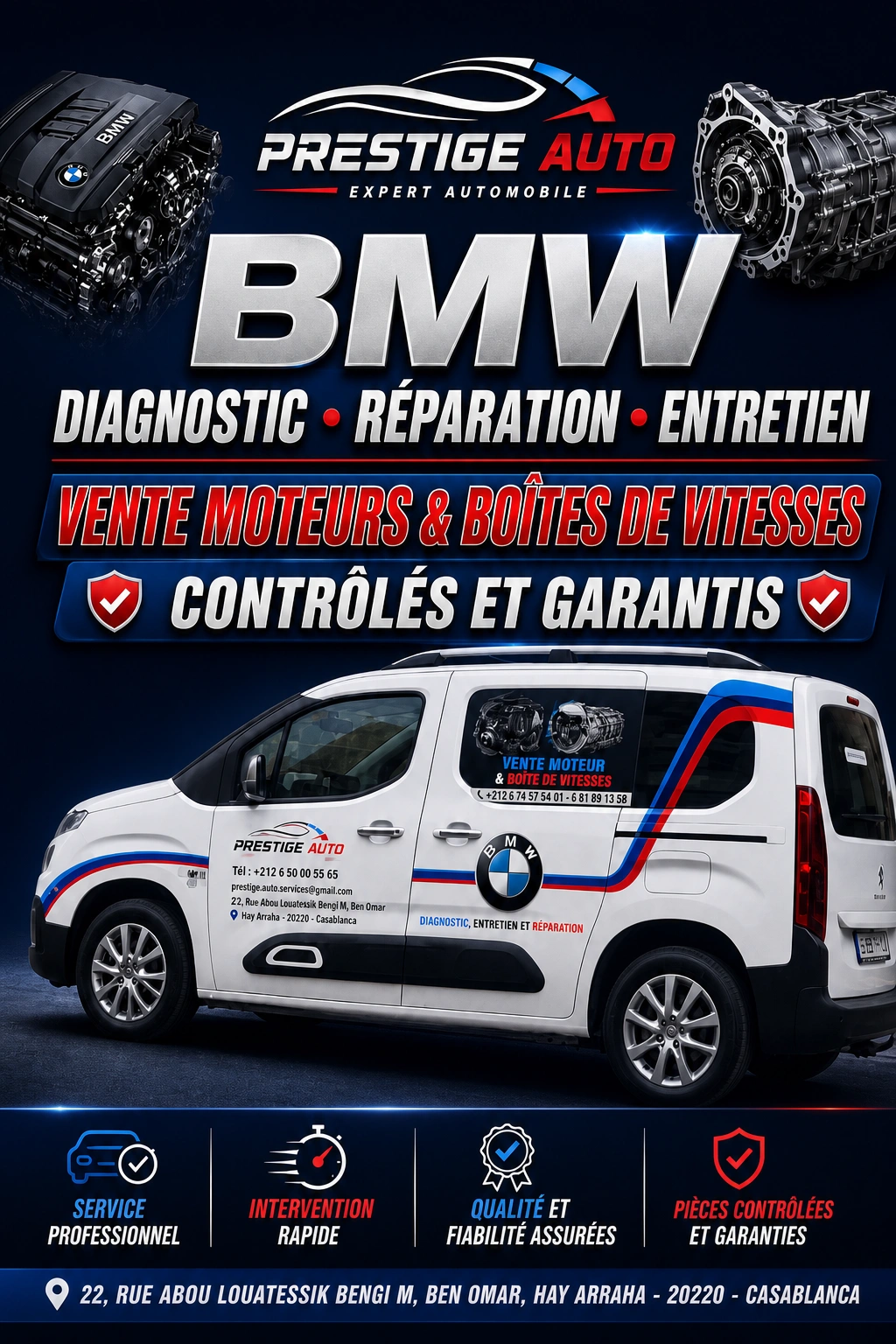 Affiche Prestige Auto Ecoservice : diagnostic, réparation et entretien BMW, vente de moteurs et boîtes de vitesses contrôlés et garantis, avec le véhicule de service de l'atelier